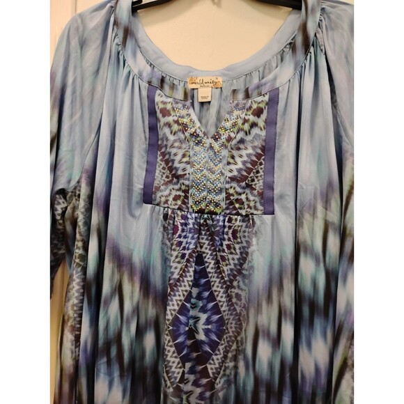 World Unity Top Blue Blouse SZ 1X Watercolor Rhinestone Artsy Boho Hippie Hi-Lo - Picture 8 of 8